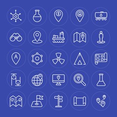 Modern Simple Set of industry, science, location Vector outline Icons. Contains such Icons as  lab,  destination,  chemical,  place,  tank and more on blue background. Fully Editable. Pixel Perfect.