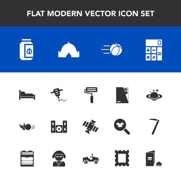 Modern, simple vector icon set with globe, document, roller, machine, video, ball, home, file, sign, sport, adventure, furniture, tent, football, bed, soccer, business, glass, work, paper, game icons