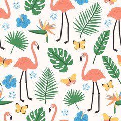 Summer seamless pattern with exotic jungle foliage, pink flamingos, exotic blooming flowers and butterflies on white background. Flat bright colored vector illustration for wallpaper, wrapping paper.