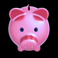 Piggy bank pink closeup front view. Money savings, donate, banking business icon concept. 3d illustration, isolated on black