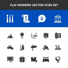 Modern, simple vector icon set with world, white, telephone, global, finance, money, business, globe, fork, crane, communication, water, parachute, extreme, scuba, mask, way, spoon, paper, jump icons