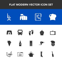 Modern, simple vector icon set with city, chair, phone, bus, footwear, home, clothes, book, television, brush, ice, architecture, internet, restaurant, tv, fashion, food, cream, transport, hat icons