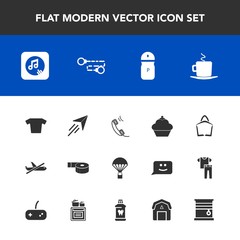 Modern, simple vector icon set with note, fly, sky, cup, sticky, tape, doughnut, cake, chain, coffee, sound, interior, office, , drink, sale, cafe, sweet, seasoning, music, parachute, home, bag icons