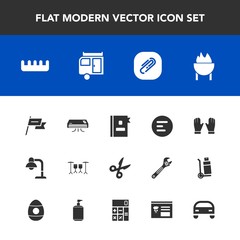 Modern, simple vector icon set with beauty, conditioning, car, menu, paper, business, directory, air, wind, decoration, caravan, home, book, meat, mobile, drum, sign, journey, clip, country, cut icons
