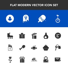 Modern, simple vector icon set with mobile, ice, ufo, equipment, alien, gift, holiday, skating, globe, earth, human, space, oil, menu, bike, building, planet, healthy, food, box, present, cream icons