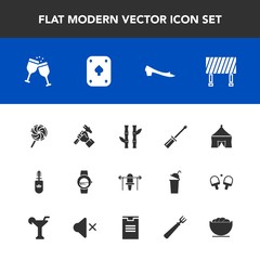 Modern, simple vector icon set with tent, builder, drink, makeup, black, lollipop, screwdriver, bamboo, construction, time, street, weight, brush, watch, sweet, background, circus, industry, red icons
