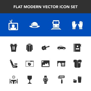 Modern, simple vector icon set with guitar, phone, coffee, bus, left, screen, website, train, check, tv, shirt, business, match, image, travel, competitive, photo, transportation, clothing, move icons