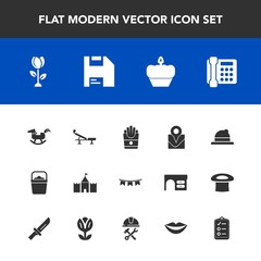 Modern, simple vector icon set with duck, holiday, background, check, horse, toy, object, baby, celebration, fitness, cake, location, headwear, style, handle, floral, fast, phone, seat, map, hat icons
