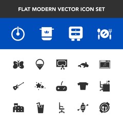 Modern, simple vector icon set with sky, plate, online, night, play, bathroom, towel, drawer, off, location, beauty, frame, fork, power, music, diploma, spoon, work, job, switch, joystick, knife icons
