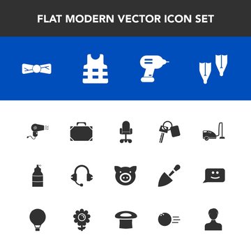 Modern, simple vector icon set with underwater, bow, speaker, microphone, pork, sport, leather, automobile, swine, tie, car, profile, domestic, life, animal, chair, pig, business, spray, safety icons