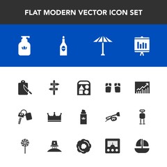 Modern, simple vector icon set with bottle, annual, car, king, clean, wagasa, summer, beach, report, cutlery, vehicle, flip, auto, key, perfume, document, umbrella, fashion, japan, business, way icons