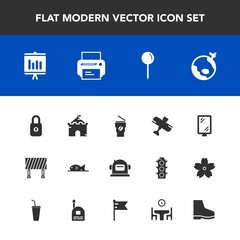 Modern, simple vector icon set with helmet, drink, pin, banner, business, print, world, annual, road, footwear, report, map, background, hot, document, fashion, plane, equipment, cup, fish, sign icons