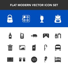 Modern, simple vector icon set with paper, liquid, scan, fashion, bag, trash, cocktail, photo, picture, play, book, phone, joystick, xray, machine, kitchen, bottle, beverage, game, box, gas, bar icons