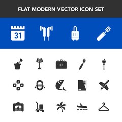Modern, simple vector icon set with alcohol, bag, baggage, paint, seafood, orchestra, schedule, sandbox, calendar, pan, play, ship, day, luggage, computer, travel, summer, fish, time, sand, sea icons