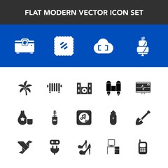 Modern, simple vector icon set with space, brush, mail, hot, rocket, japanese, japan, video, sound, food, cloud, palm, mascara, cuisine, sake, post, heart, health, home, projector, letter, pulse icons