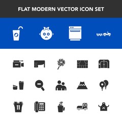 Modern, simple vector icon set with microphone, gas, delivery, juice, video, drink, elevator, desk, lollipop, chief, baby, camera, child, fruit, office, cute, web, truck, person, candy, fresh icons