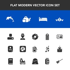 Modern, simple vector icon set with plane, inkstone, dolphin, business, doughnut, travel, ocean, human, food, sound, departure, contact, cheese, music, sweet, tool, airplane, hotel, social, cake icons