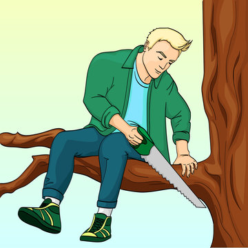 Man sawing tree branch on which sits pop art retro vector illustration. Make yourself worse metaphor. Color background.