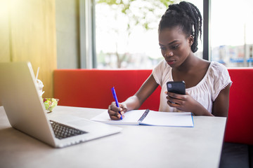 Fototapeta premium Young beautiful Afro-American woman using laptop and writing in notebook while studying in cafe