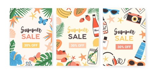 Collection of flyer templates for summer sale promotion or advertisement decorated with jungle foliage, exotic flowers, tropical fruits, sunglasses, seashells. Flat colorful vector illustration.