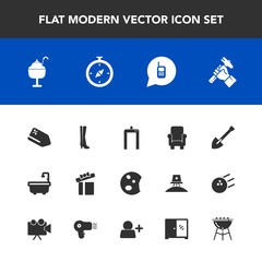 Modern, simple vector icon set with sale, cake, construction, xray, footwear, cooking, holiday, doughnut, price, ice, tool, sweet, chair, north, food, bbq, map, gift, sign, box, phone, equipment icons