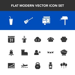 Modern, simple vector icon set with leather, schedule, sign, drink, add, alarm, caravan, vacation, musical, sweet, salmon, account, day, fashion, music, timetable, dessert, cake, cold, time, box icons