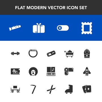 Modern, simple vector icon set with present, frame, border, potato, smart, off, note, flight, gadget, sound, gift, gym, celebration, time, restaurant, energy, picture, discount, character, price icons