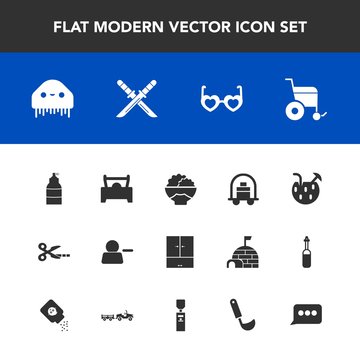 Modern, simple vector icon set with samurai, weapon, glasses, wheelchair, cocktail, japanese, hippie, speech, alien, food, pictogram, fiction, monster, service, bellboy, drink, ladle, luggage icons