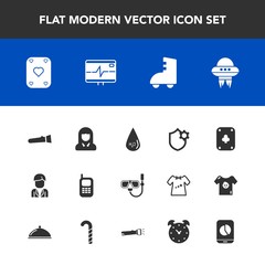 Modern, simple vector icon set with girl, night, face, game, poker, space, lamp, water, spacecraft, play, boy, torch, internet, alarm, technology, drink, phone, ufo, lady, old, light, sport, man icons
