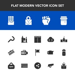 Modern, simple vector icon set with hand, people, collection, food, wine, entrance, sand, door, background, camera, alcohol, farming, stroke, handle, human, equipment, travel, tower, flag, glass icons