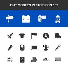 Modern, simple vector icon set with tower, iron, work, talk, toy, cheeseburger, sign, speech, piano, music, user, fashion, sandwich, camera, baby, child, full, burger, musical, food, arrow, saw icons