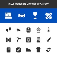 Modern, simple vector icon set with underwater, carousel, eye, bus, spanner, hammer, wine, glass, astronomy, rocket, nature, park, sign, transportation, star, night, food, summer, london, sky icons