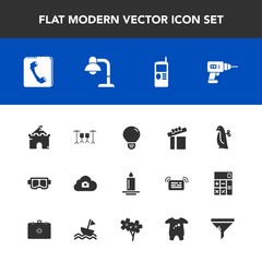Modern, simple vector icon set with candle, work, gift, decoration, machine, mobile, animal, castle, idea, baby, phone, internet, flame, light, book, medieval, celebration, penguin, water, sign icons