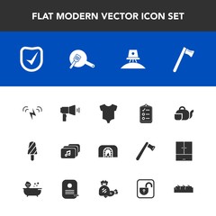 Modern, simple vector icon set with file, list, tool, child, pan, fire, music, warm, security, fruit, checklist, exploration, baby, white, clothing, clothes, kitchen, spaceship, cooking, sun icons