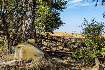 Old garbage dump in nature. Pollution of the environment with solid domestic waste.