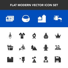 Modern, simple vector icon set with clown, fun, forest, chart, celebration, gift, graph, campfire, flame, bear, faucet, king, lady, asia, traditional, holiday, birthday, bag, sack, costume, fly icons