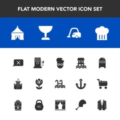 Modern, simple vector icon set with white, mail, floral, fashion, houseboat, spring, suit, mailbox, circus, fuel, business, station, chicken, nature, toy, restaurant, housework, chat, letter icons