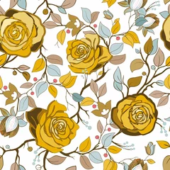 Foto auf Leinwand Gelbes und blaues Blumenmuster. Vektortapete mit großen Illustrationsrosen. Handgezeichnete Rosen © sunny_lion