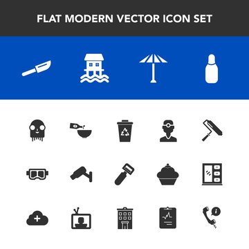 Modern, simple vector icon set with vegetable, mask, dentistry, sea, potato, dinner, surveillance, dentist, security, umbrella, recycling, peeler, paint, safety, brush, tool, fiction, food, fork icons