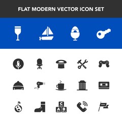 Modern, simple vector icon set with red, voice, equipment, tool, cup, boat, nation, key, toy, glass, hat, style, headwear, comfortable, record, interior, armchair, fashion, game, ship, alcohol icons