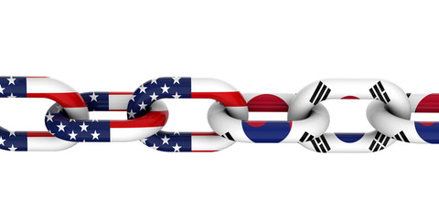 USA and South Korea relationship concept. National flags on linked chain. 3D Rendering