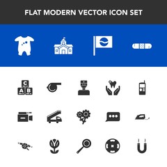 Modern, simple vector icon set with healthy, dental, play, spring, television, transportation, medicine, baby, video, sport, building, cell, government, referee, white, hospital, object, toy icons