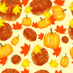 Seamless autumn background. Red and yellow pumpkins and autumn leaves.