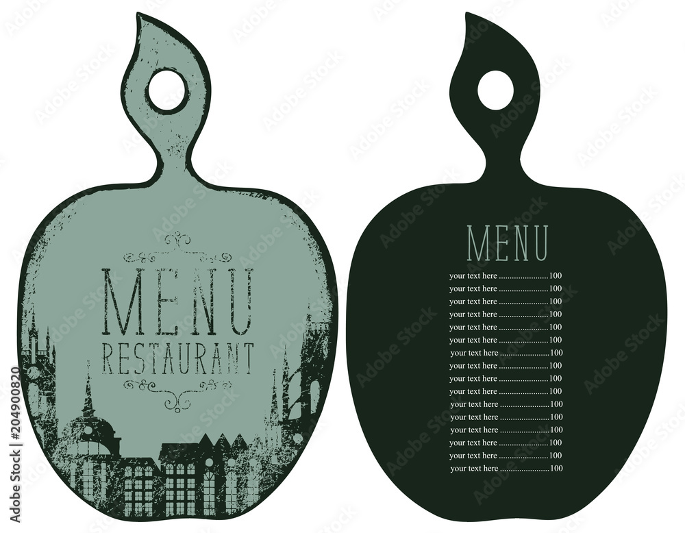 Poster vector template menu for restaurant with price list in the form of figured wooden cutting board with