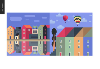 Simple things - color - flat cartoon vector illustration of houses row of town houses, canal bank, clouds, sky, townhouses, tall trees, hot air balloons and clouds - colour composition