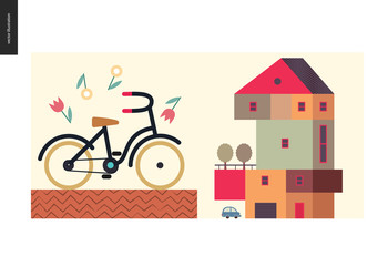 Simple things - color - flat cartoon vector illustration of four storey colorful countryside house, terrace, trees, car, garage, bicycle with yellow wheels surrounded by flowers - colour composition
