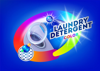 Laundry detergent for colored fabrics. Template for laundry detergent. Package design for Washing Powder & Liquid Detergents. Vector illustration