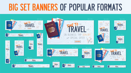 Big set banners adapted to popular formats for your website, ads. Business trip banner. Passport with tickets. Air travel concept. Business travel illustration.