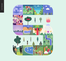 Simple things - forest set on a mint background - flat cartoon vector illustration of forest, ducks, river, trees, couple, birds, flowers, tee meal, tree house, seapiece, boat and lake - composition