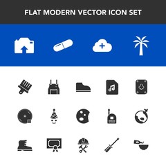 Modern, simple vector icon set with cake, paint, doughnut, party, add, game, music, glass, birthday, pill, medicine, drawing, food, brush, white, footwear, pinafore, uniform, fun, sweet, note,  icons